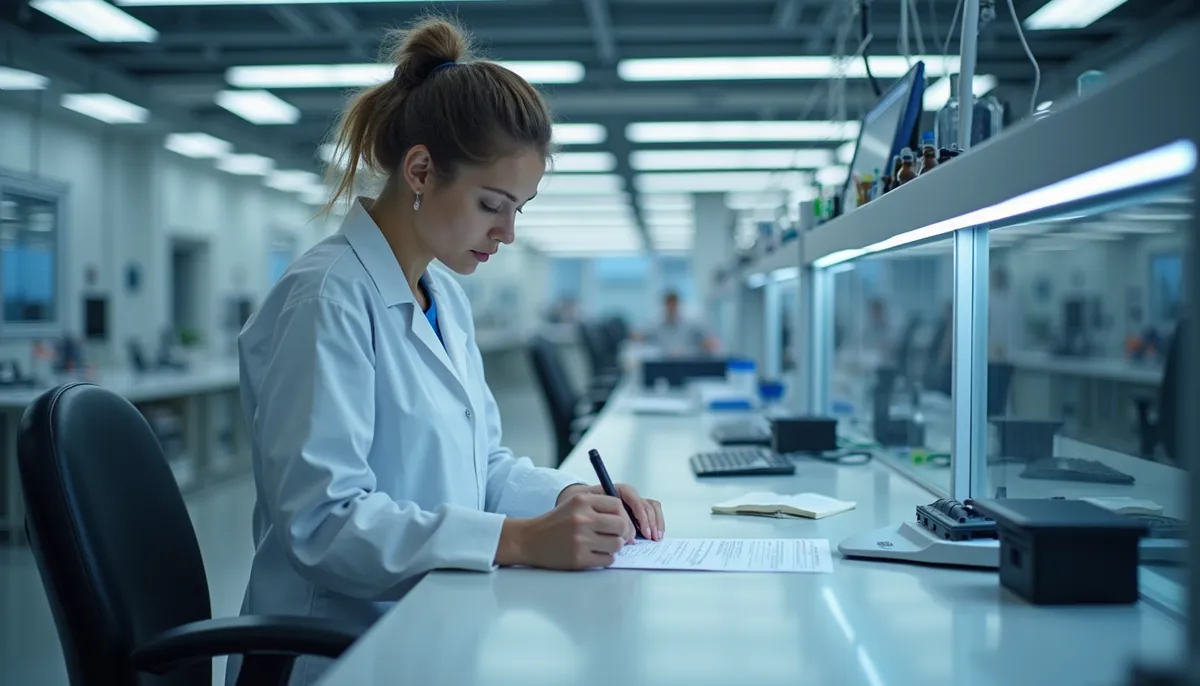 Eye-level view of FDA inspector reviewing documents inside a pharmaceutical manufacturing facility