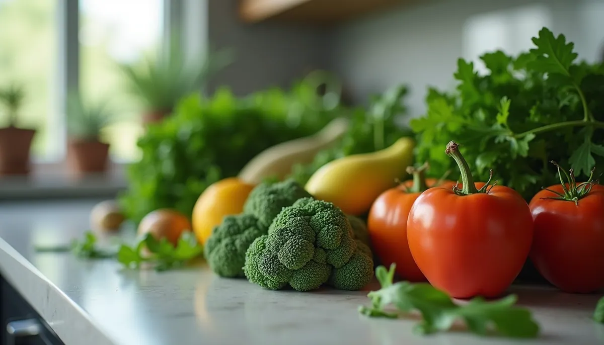 Close-up of leafy greens and fruits on a kitchen countertop