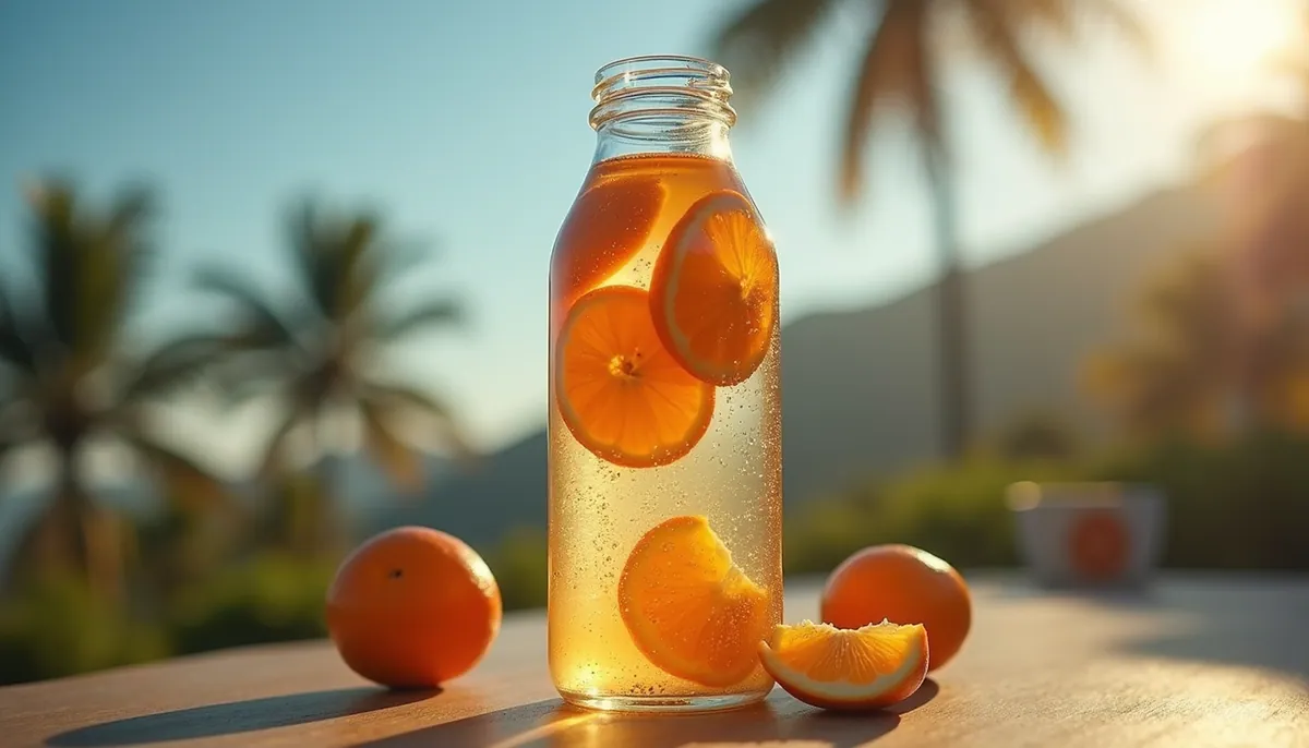 Eye-level view of a water bottle filled with infused fruit
