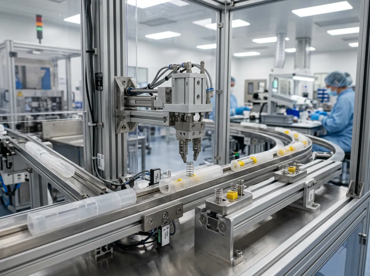 Close-up view of autoinjector components moving through a guarded assembly station