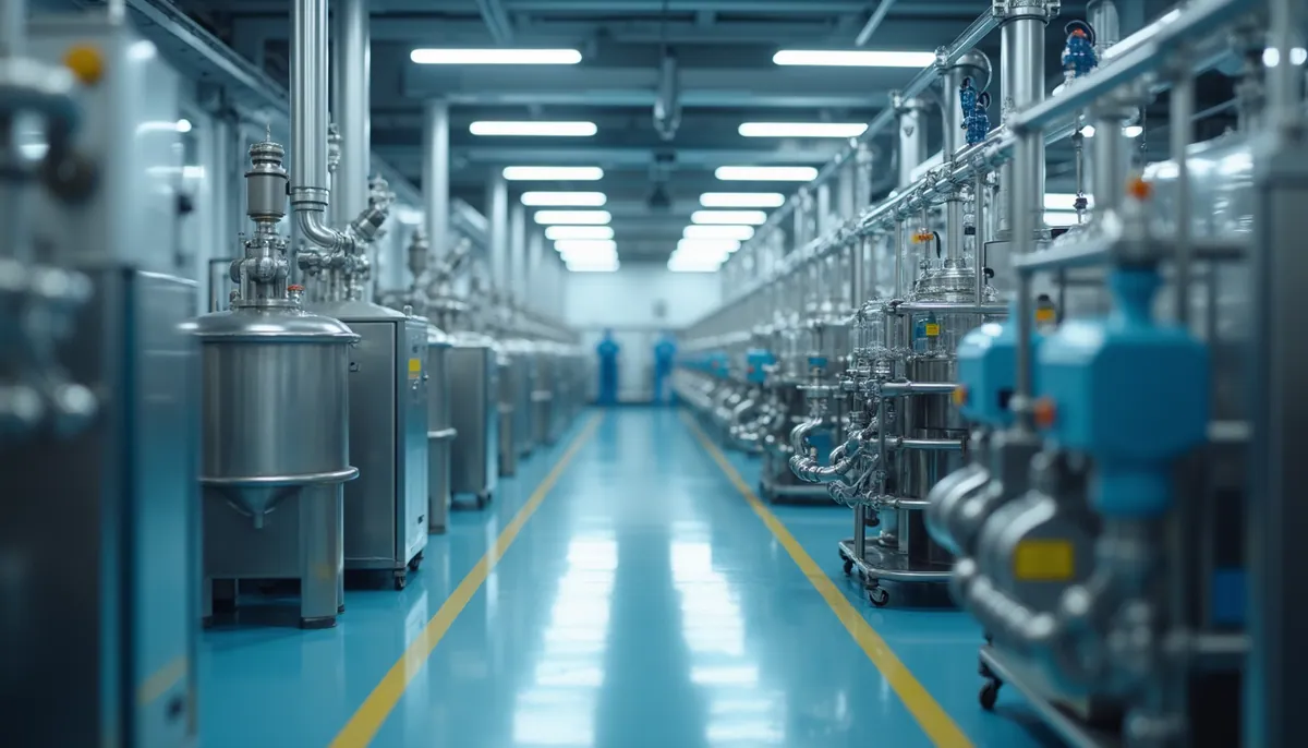 Eye-level view of a modern pharmaceutical manufacturing plant with chemical reactors and pipelines