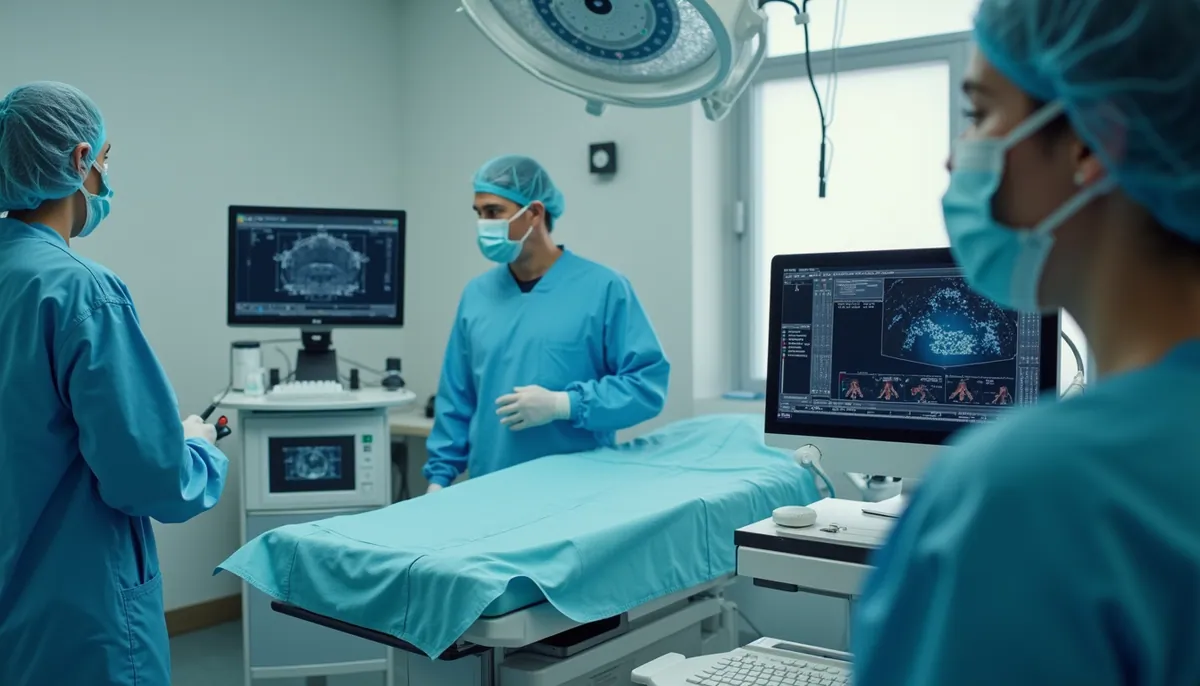 High angle view of a medical setup with various diagnostic equipment