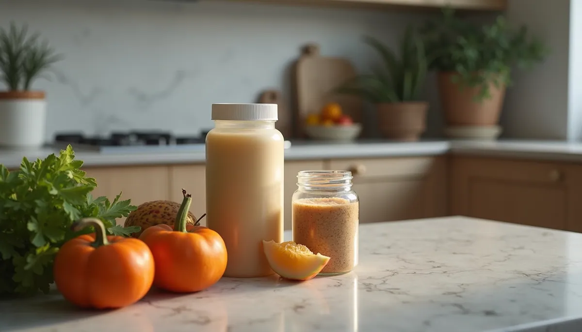 High angle view of sports nutrition products arranged on a modern kitchen counter