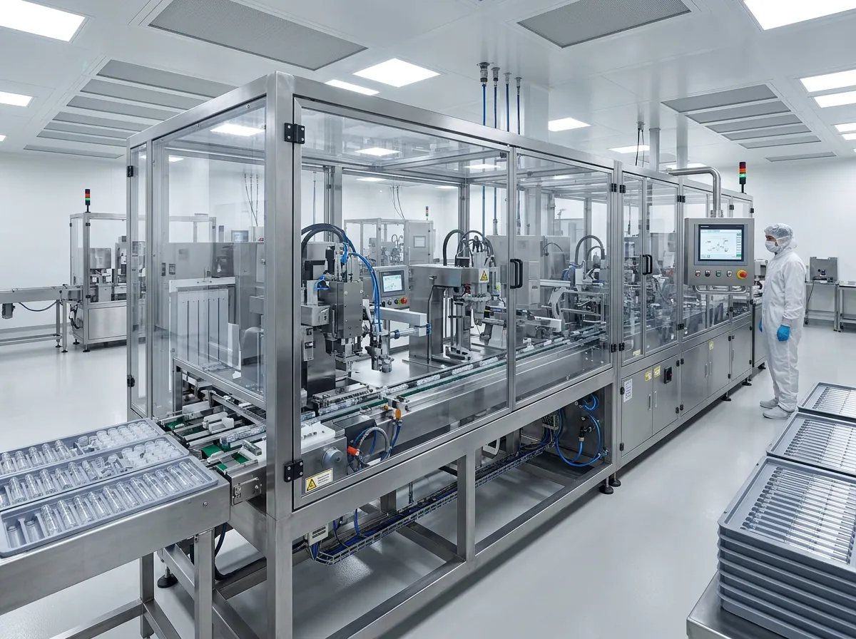 Wide-angle view of an autoinjector assembly machine inside a clean manufacturing room