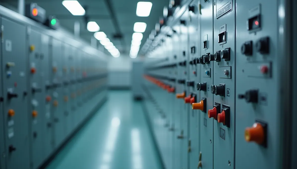 Eye-level view of electrical control panels in a pharmaceutical manufacturing plant