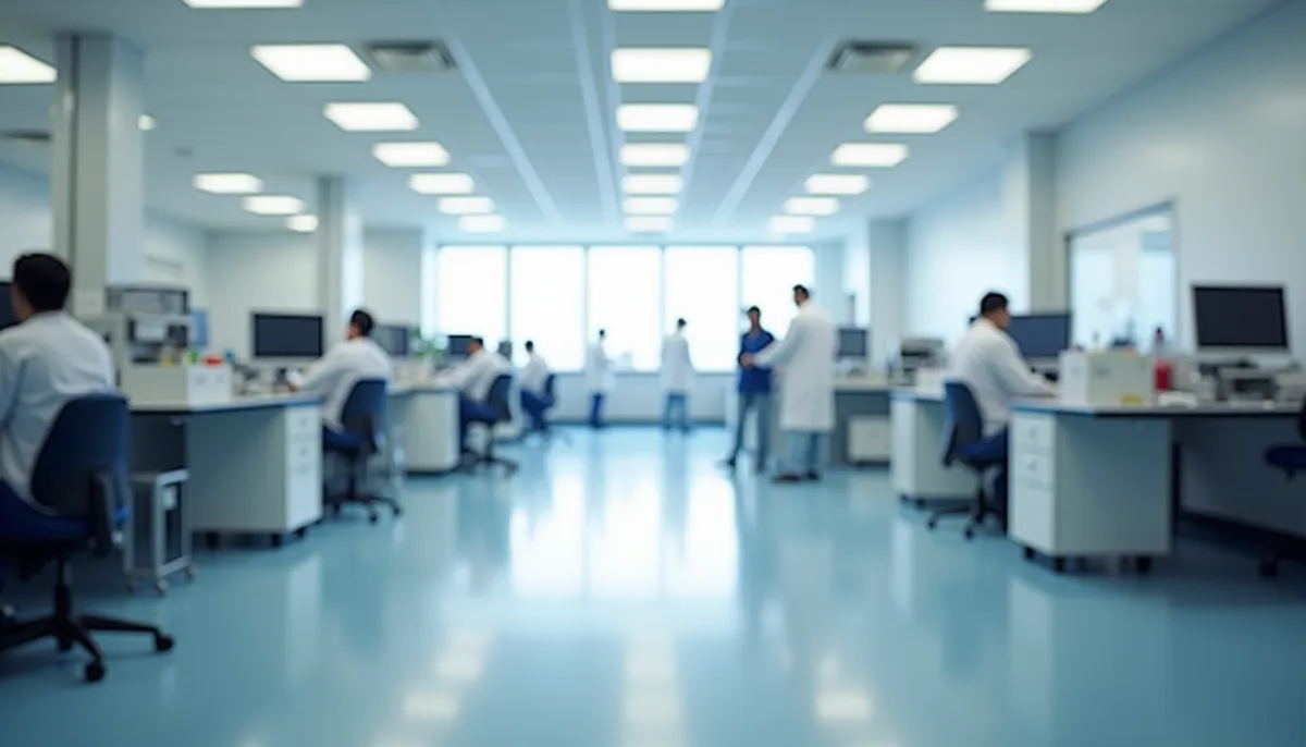 Eye-level view of a modern laboratory space with integrated office area