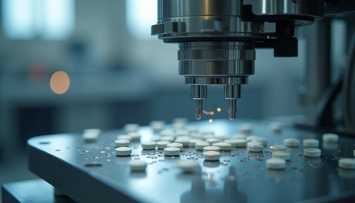 Close-up of a high-precision tablet press machine in pharmaceutical manufacturing